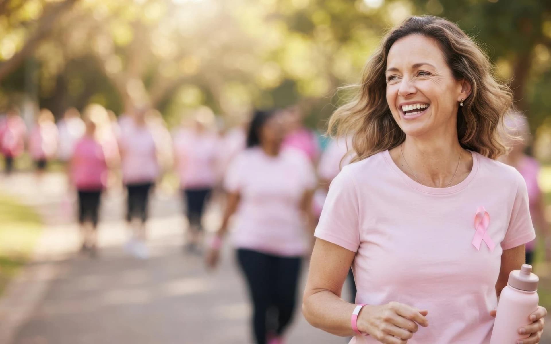 Smiling woman in a pink T-shirt with a pink ribbon at a breast cancer awareness walk