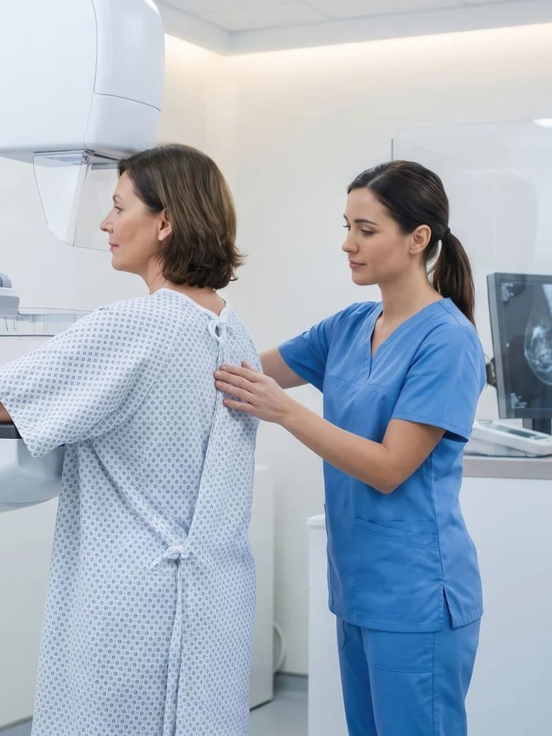 Patient and technologist during a mammogram