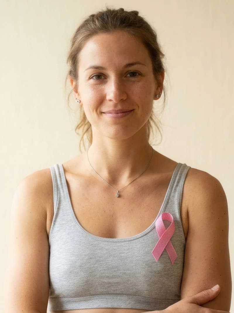 Woman with a pink awareness ribbon pinned to her top